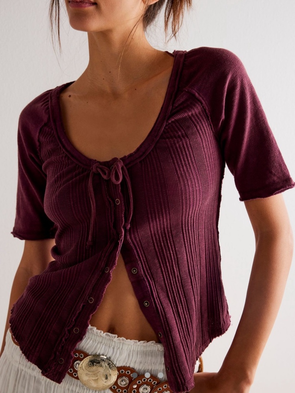 NWT We the Free/Free People Ribbed Scoop-Neck Button Tie Top in Deep Burgundy